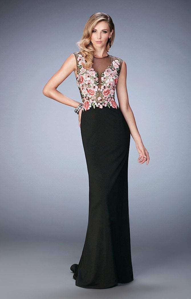 La Femme - 22935 Sheer and Floral Embroidered Evening Gown In Black