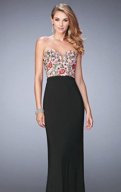 La Femme - 22959 Strapless Floral Sweetheart Evening Gown In Black