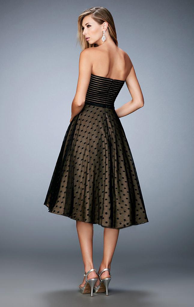 La Femme - 22961 Strapless Dot and Stripes Tea Length Dress in Black and Neutral