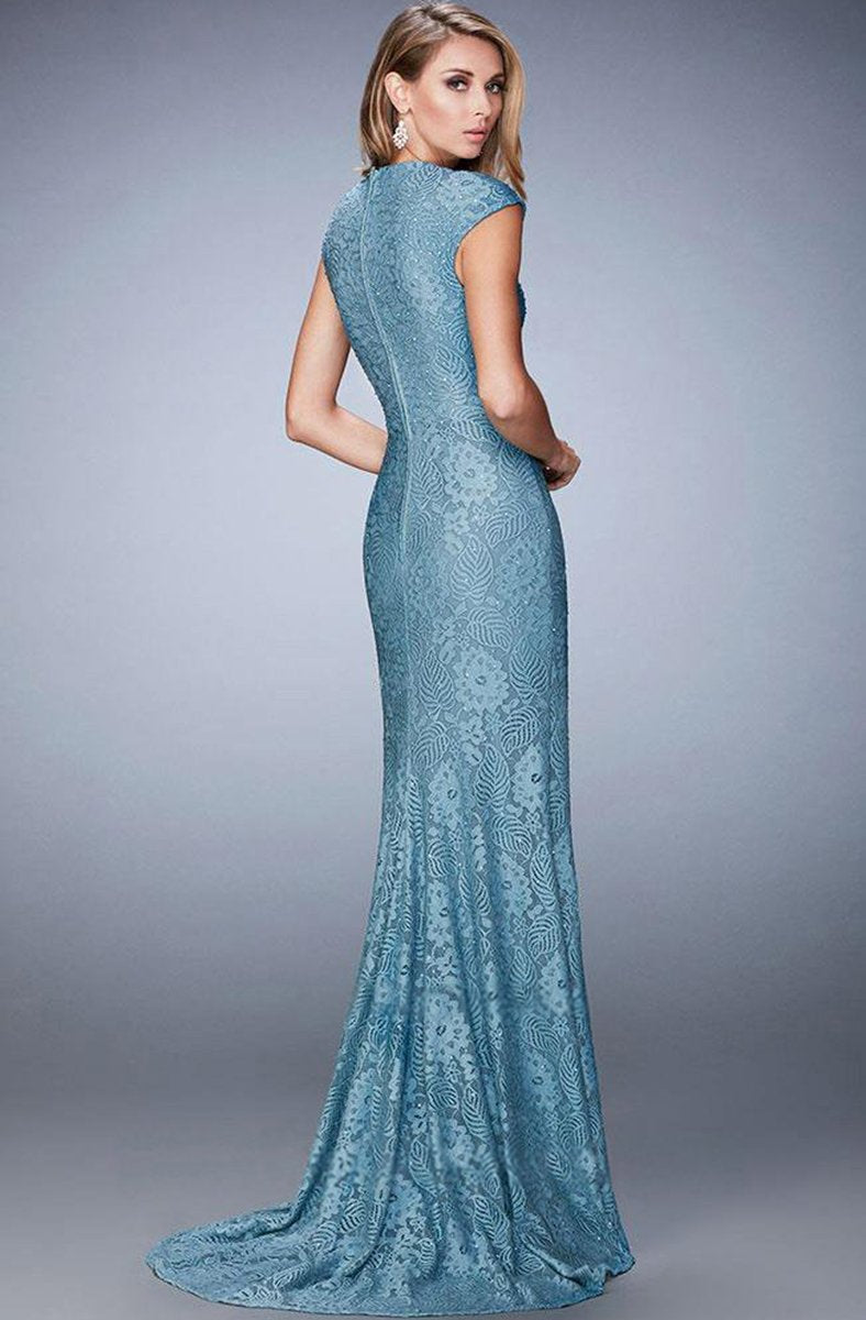 La Femme - Cap Sleeve Jeweled Sheath Long Dress 22971 In Blue