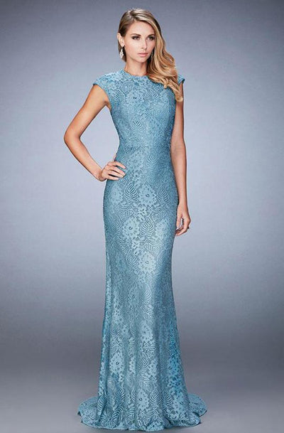 La Femme - Cap Sleeve Jeweled Sheath Long Dress 22971 In Blue