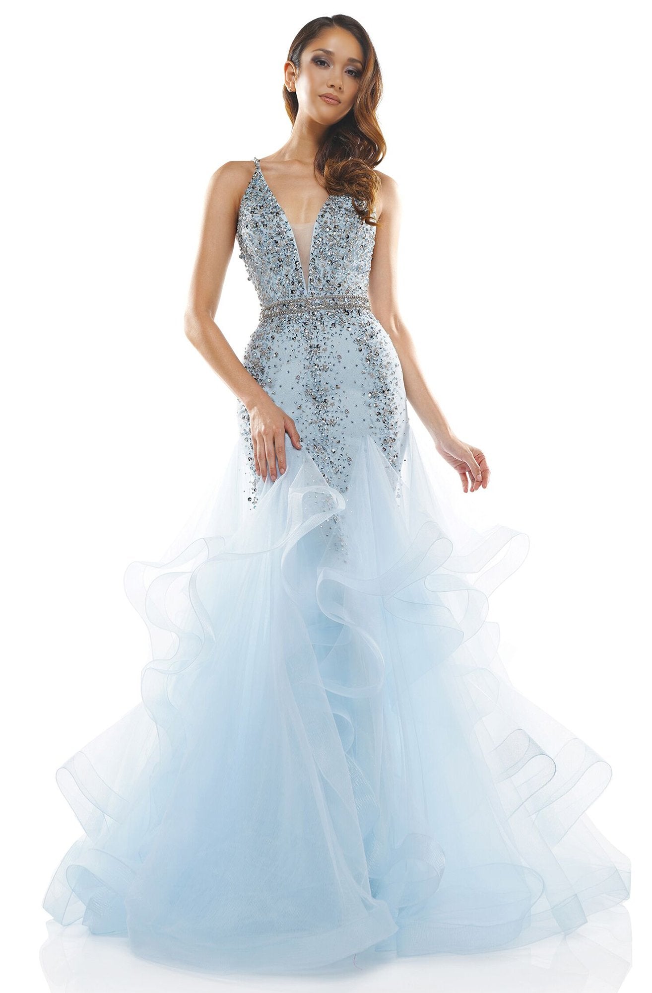 Colors Dress - 2301 Beaded Low V-Neck Ruffled Trumpet Dress In Blue