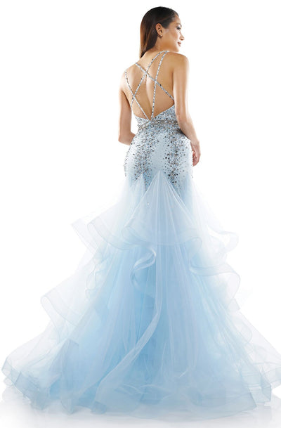 Colors Dress - 2301 Beaded Low V-Neck Ruffled Trumpet Dress In Blue