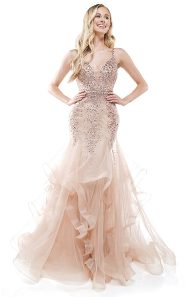 Colors Dress - 2301 Beaded Low V-Neck Ruffled Trumpet Dress In Pink