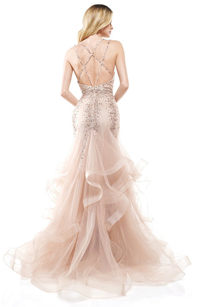 Colors Dress - 2301 Beaded Low V-Neck Ruffled Trumpet Dress In Pink