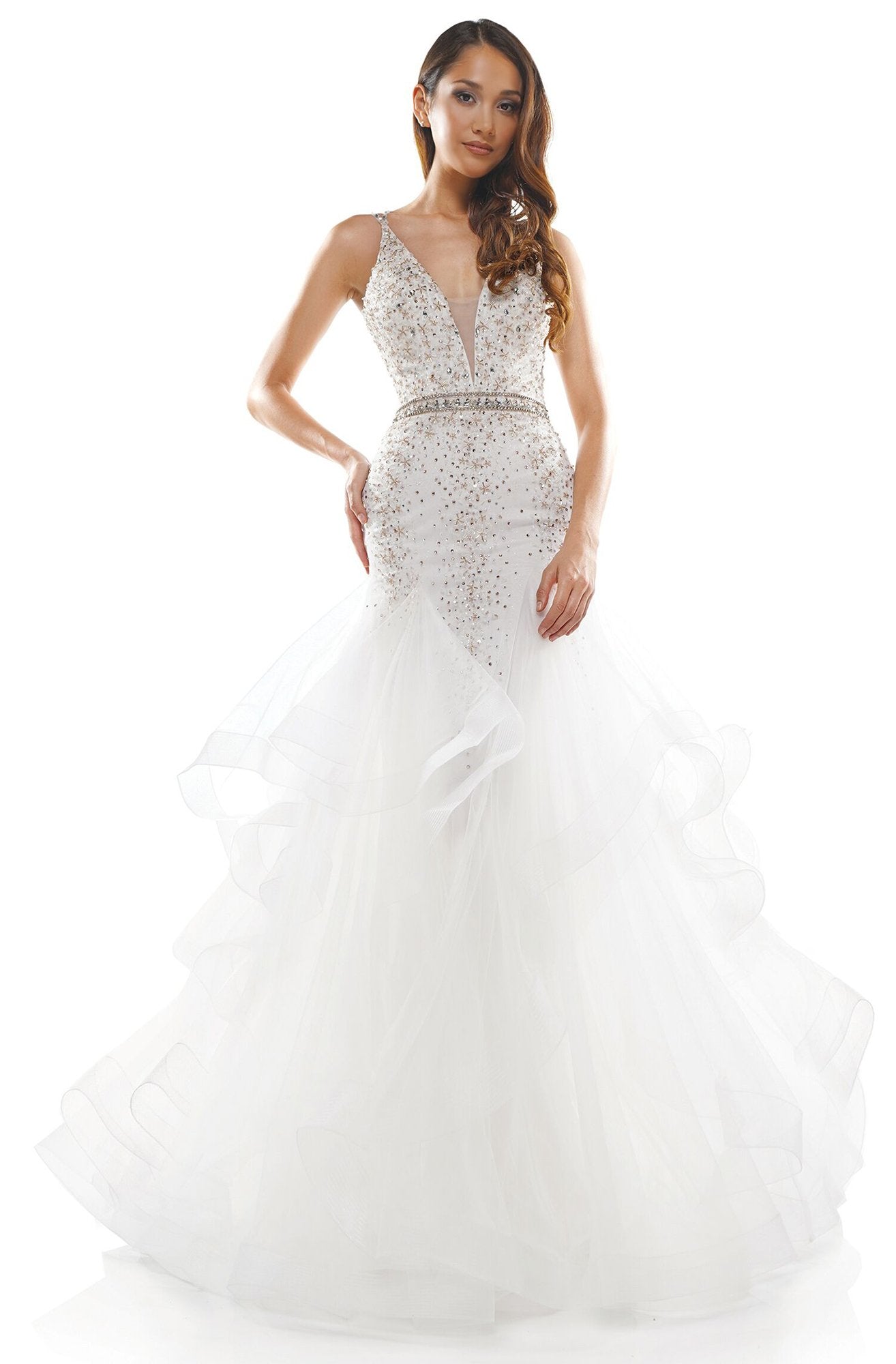 Colors Dress - 2301 Beaded Low V-Neck Ruffled Trumpet Dress In White