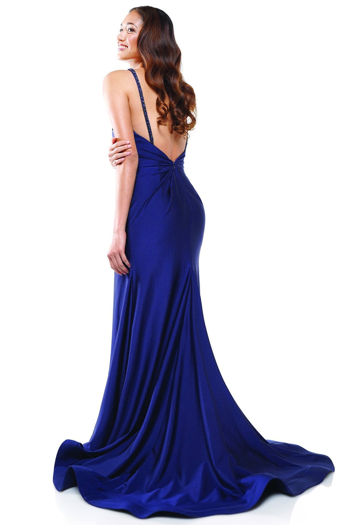 Colors Dress - 2305 Halter Neck Pleated Long Sheath Dress In Blue