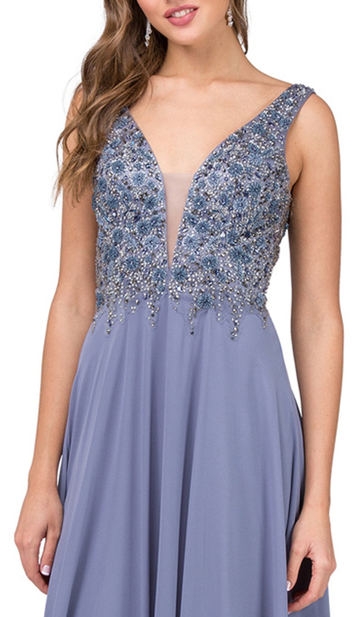 Dancing Queen - 2312 Floral Beaded Deep V-neck A-line Prom Dress In Dark Silver