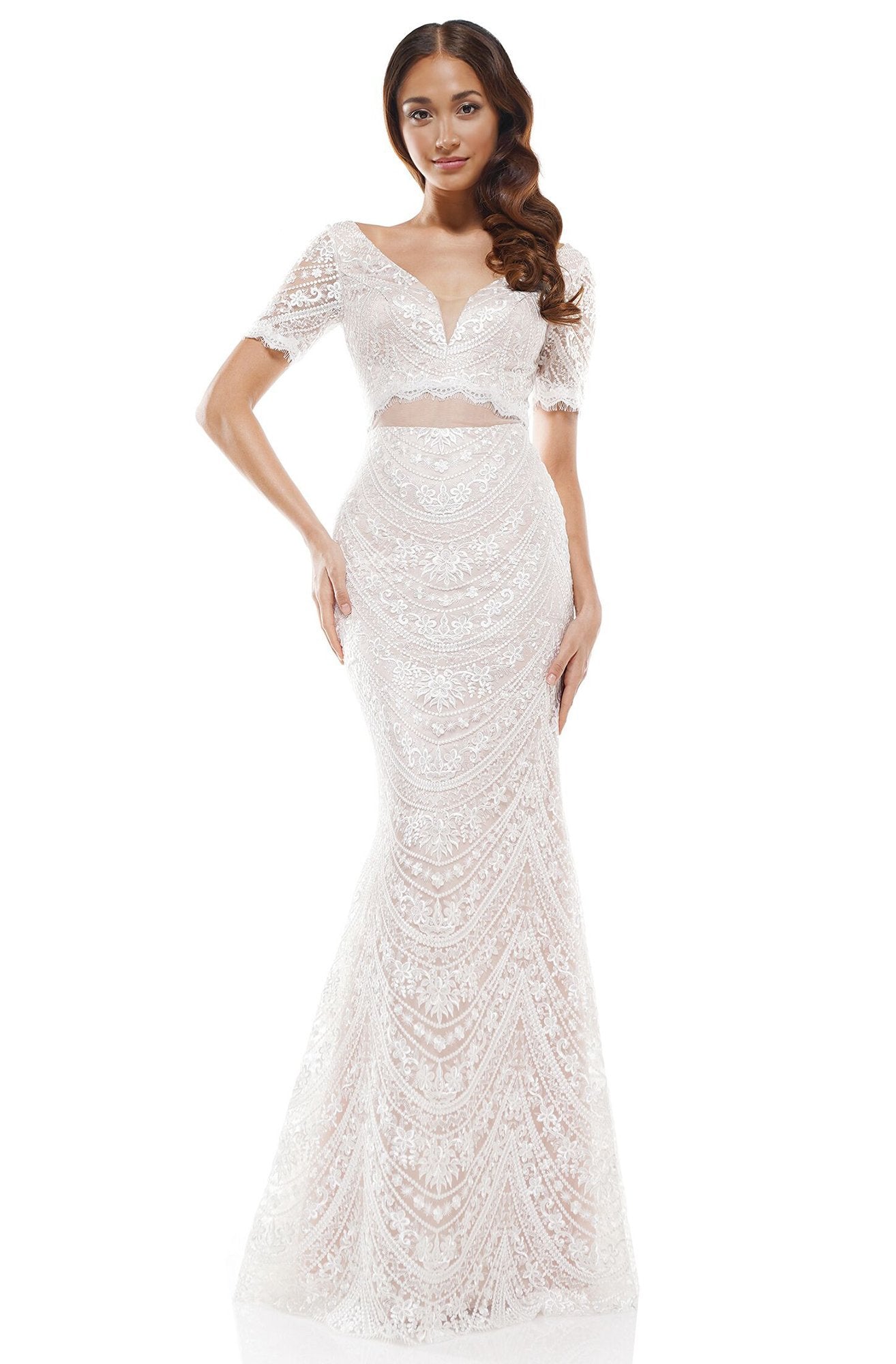 Colors Dress - 2314 French Embroidered Lace Trumpet Dress In White