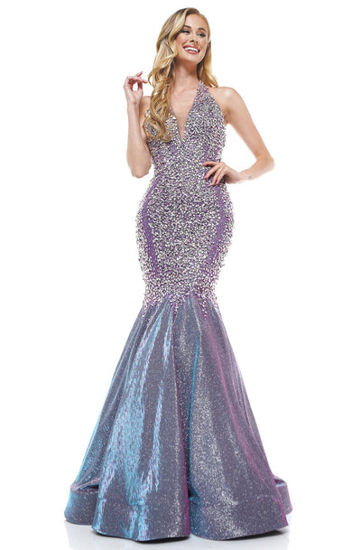 Colors Dress - 2317 Beaded V-Neck Mermaid Long Dress In Purple and Silver