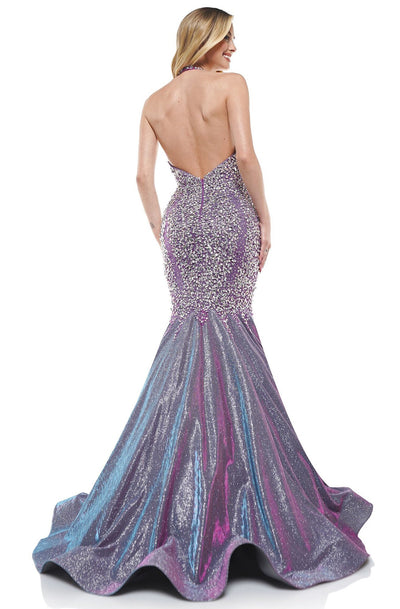 Colors Dress - 2317 Beaded V-Neck Mermaid Long Dress In Purple and Silver