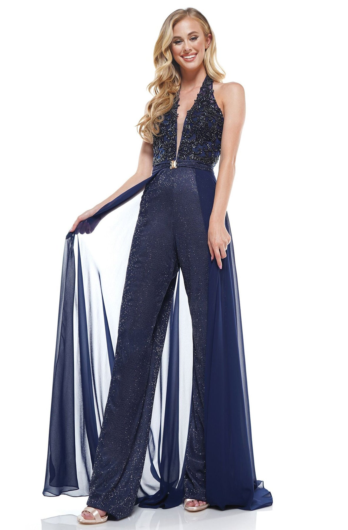 Colors Dress 2319 - Long Jumpsuit - Glitter Jersey and Chiffon , Sleeveless, Beads, Plunging neckline, Sheer panel, Mesh overlay skirt, Long jumpsuit, Back zipper ADASA Colors Dress 2319 - Long Jumpsuit - Glitter Jersey and Chiffon , Sleeveless, Beads, Plunging neckline, Sheer panel, Mesh overlay skirt, Long jumpsuit, Back zipper ADASA