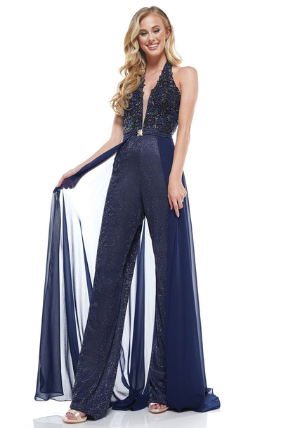 Colors Dress - 2319 V-Neck Embellished Long Jumpsuit In Blue and Black