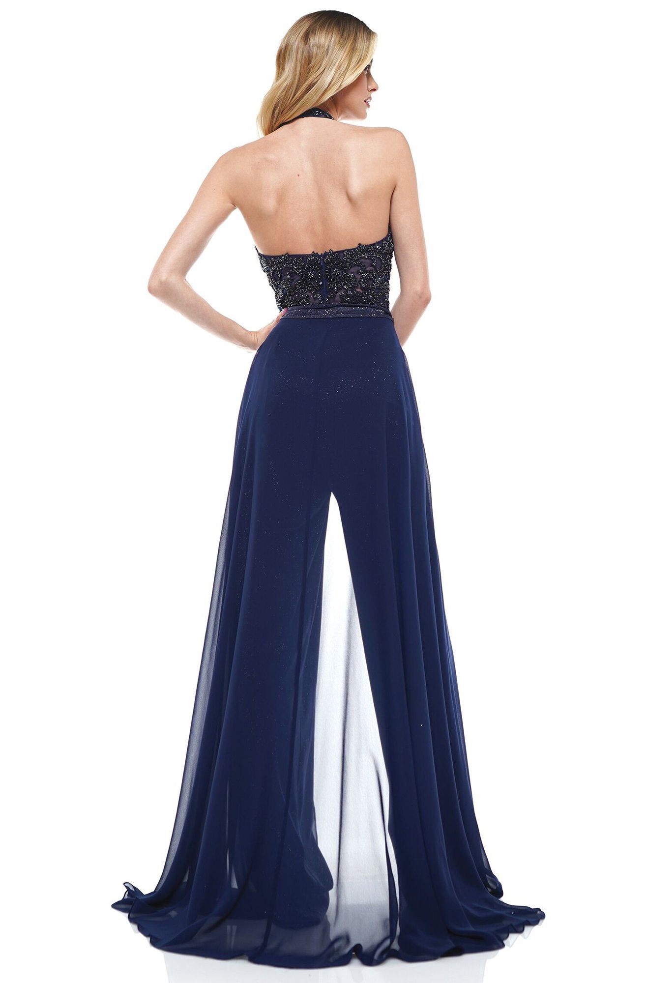Colors Dress - 2319 V-Neck Embellished Long Jumpsuit In Blue and Black