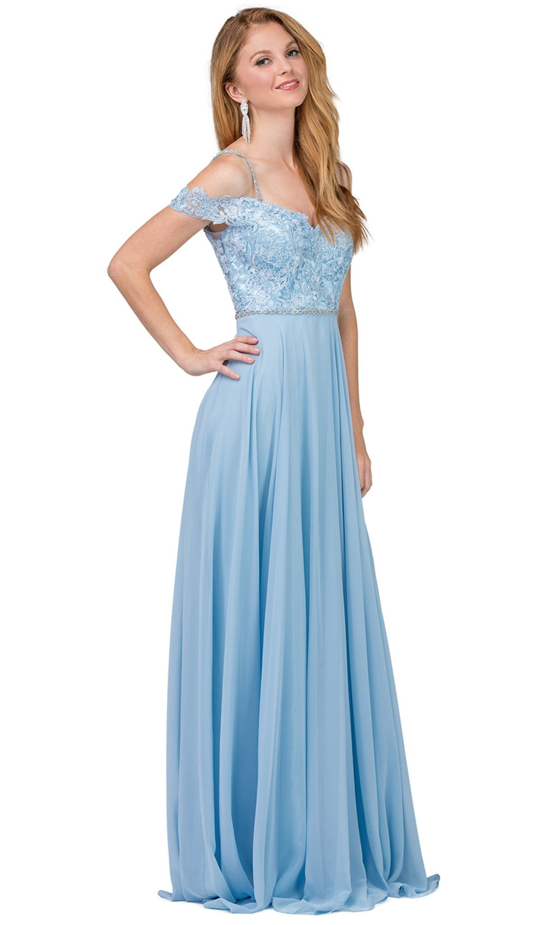 Dancing Queen - 2327 Embellished Off-Shoulder A-line Gown In Blue