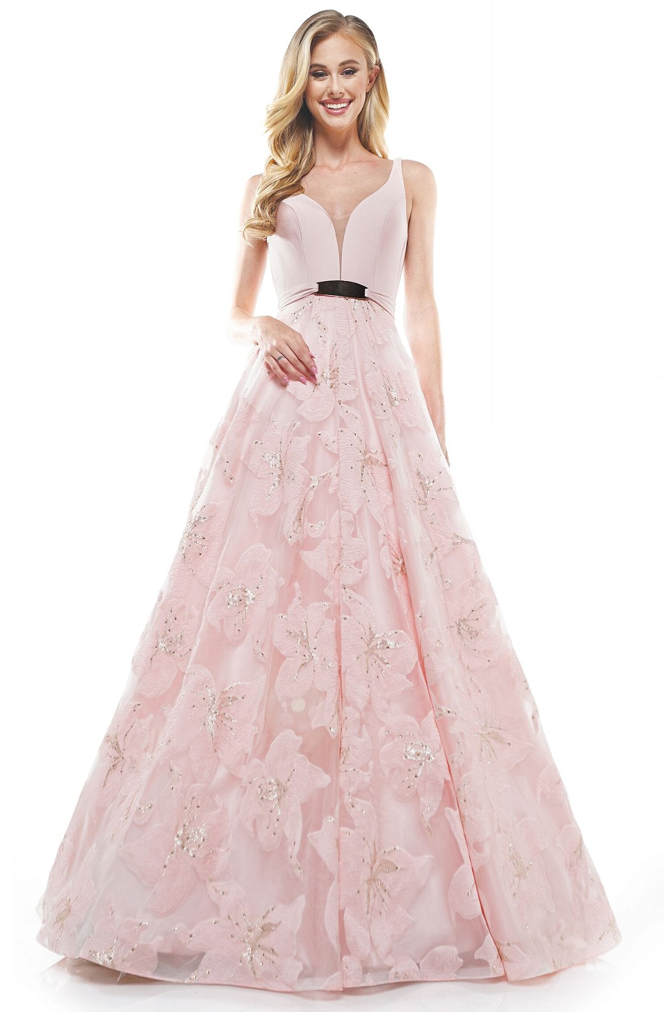 Colors Dress - 2327 Floral Detailed A-line Long Dress In Pink