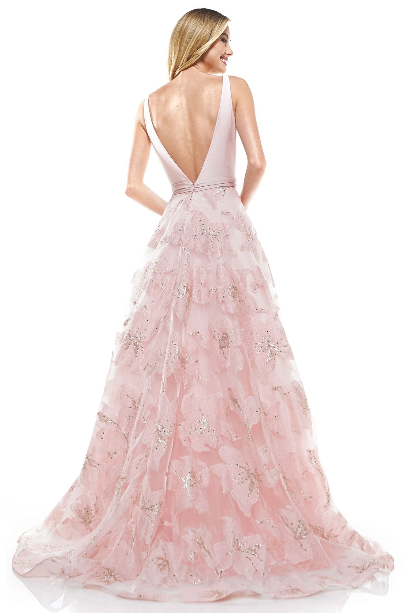 Colors Dress - 2327 Floral Detailed A-line Long Dress In Pink