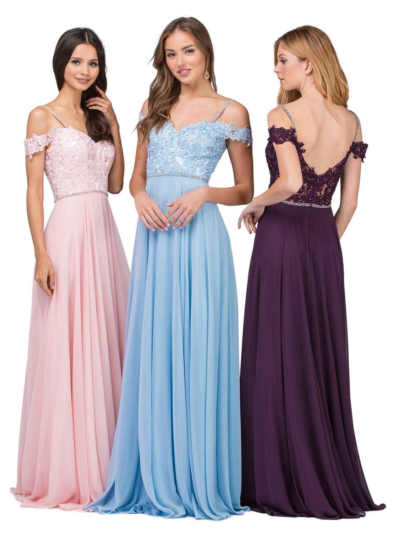 Dancing Queen - 2327 Embellished Off-Shoulder A-line Gown In Pink and Blue