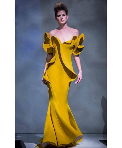 MNM Couture - 2328 Peplum Off-Shoulder Mermaid Evening Gown in Yellow