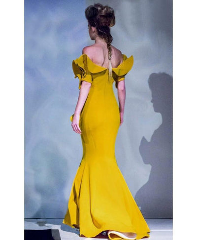 MNM Couture - 2328 Peplum Off-Shoulder Mermaid Evening Gown in Yellow