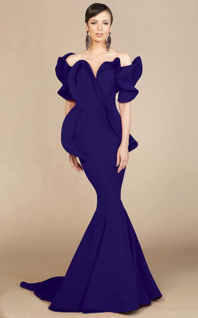 MNM Couture - 2328 Peplum Off-Shoulder Mermaid Evening Gown in Blue