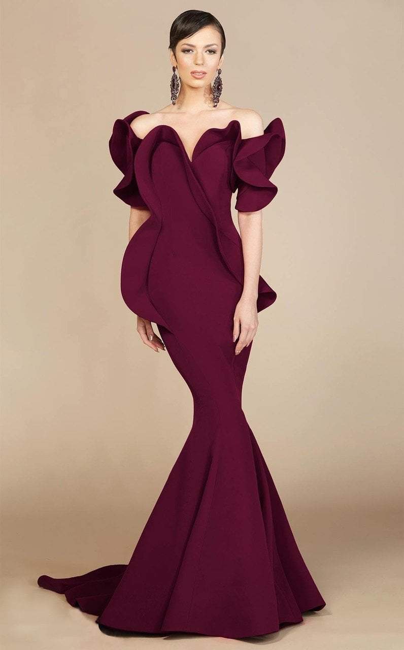 MNM Couture - 2328 Peplum Off-Shoulder Mermaid Evening Gown in Red and Purple