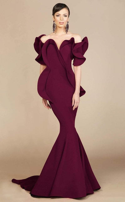 MNM Couture - 2328 Peplum Off-Shoulder Mermaid Evening Gown in Red and Purple