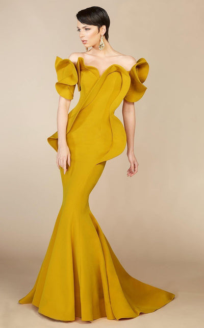 MNM Couture - 2328 Peplum Off-Shoulder Mermaid Evening Gown in Yellow