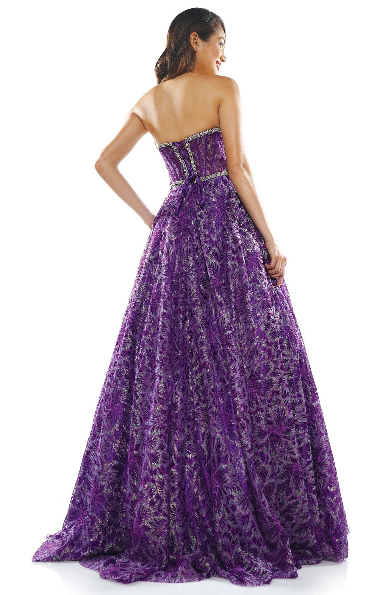 Colors Dress - 2329 Strapless Floral Detailed A-line Dress In Purple