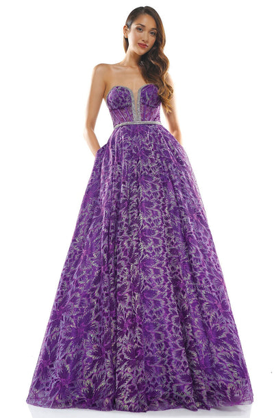 Colors Dress - 2329 Strapless Floral Detailed A-line Dress In Purple