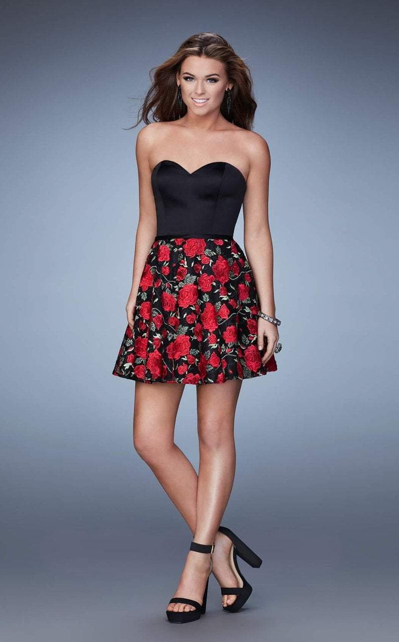La Femme - 23500 Sweetheart Floral Cocktail Dress In Black and Multi-Color