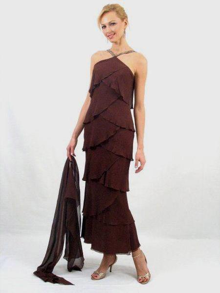 Daymor Couture - Halter Tiered Sheath Long Evening Dress 3451 in  Brown