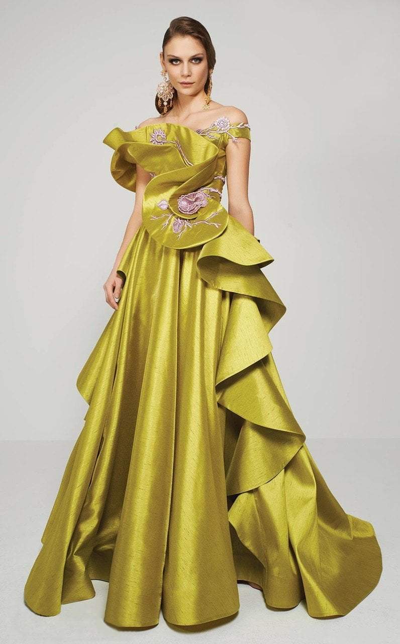 MNM Couture - 2370 Ruffled Cascade Off Shoulder Gown in Green