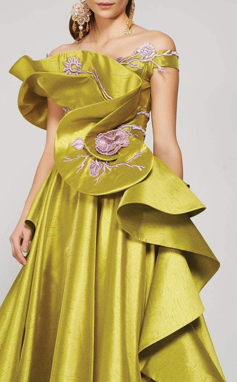 MNM Couture - 2370 Ruffled Cascade Off Shoulder Gown in Green