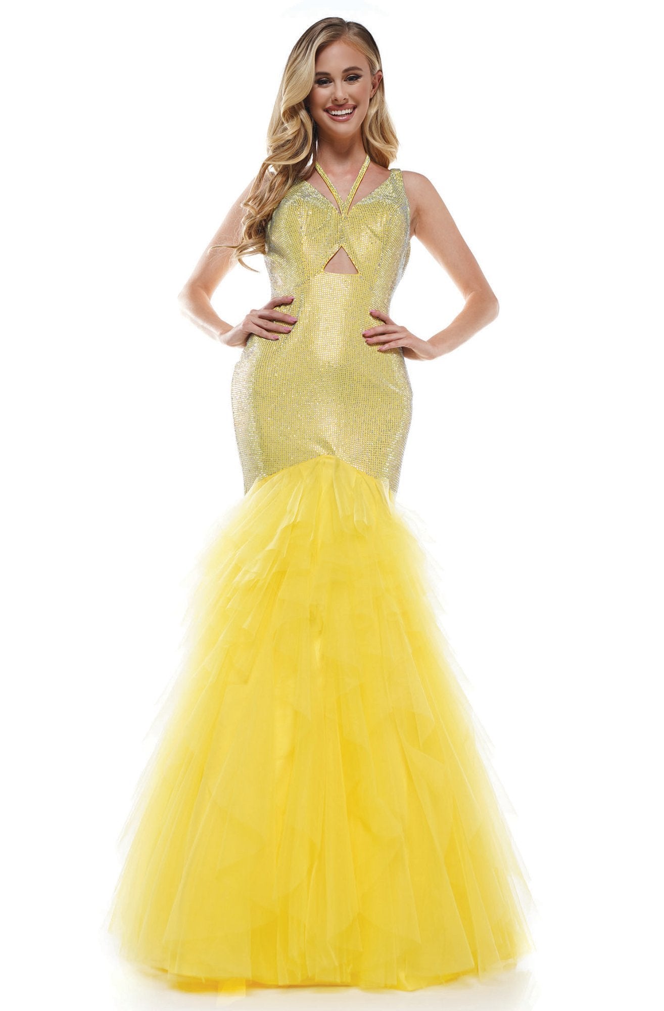 Colors Dress - 2377 Beaded V-Neck and Back Mermaid Dress In Yellow