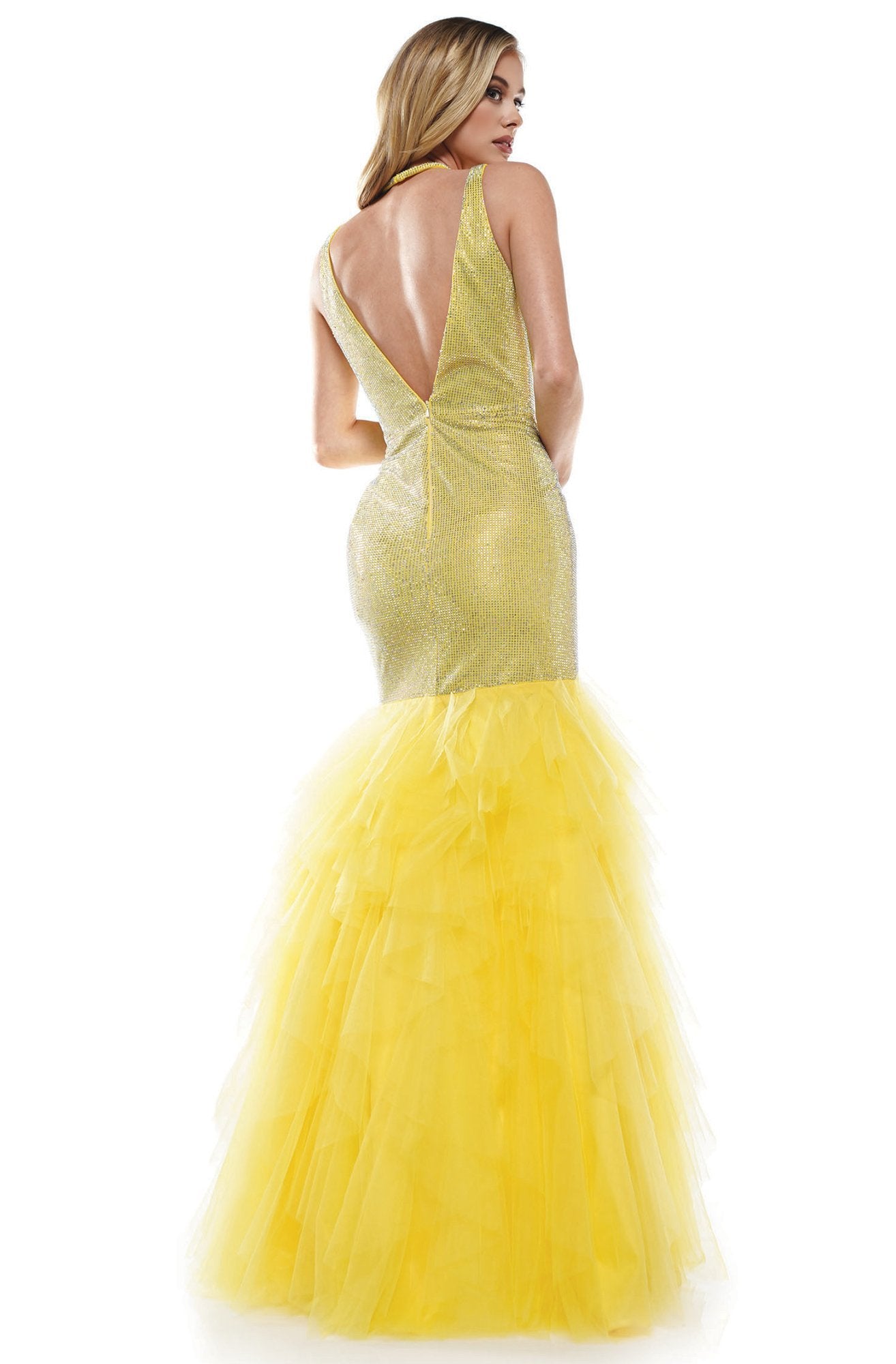 Colors Dress - 2377 Beaded V-Neck and Back Mermaid Dress In Yellow