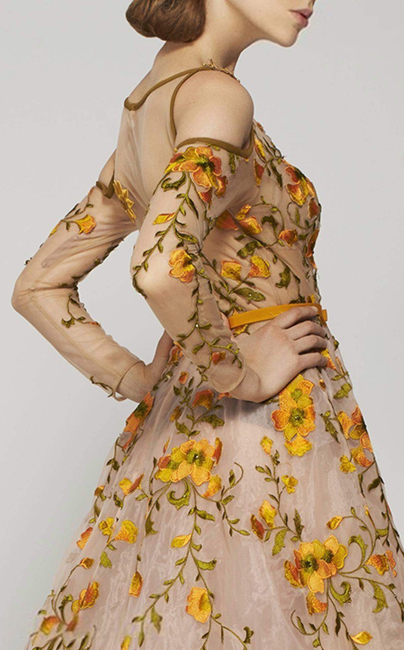 MNM Couture - 2401 Sheer Embroidered Floral A-line Dress in Orange and Neutral