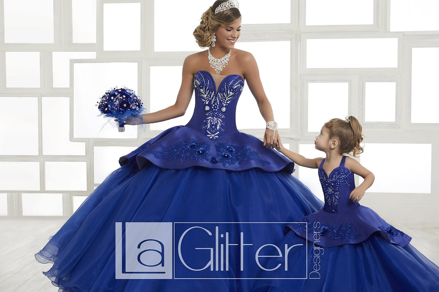 LA Glitter - 24028 Plunging Embroidered Peplum Drape Ballgown In Blue