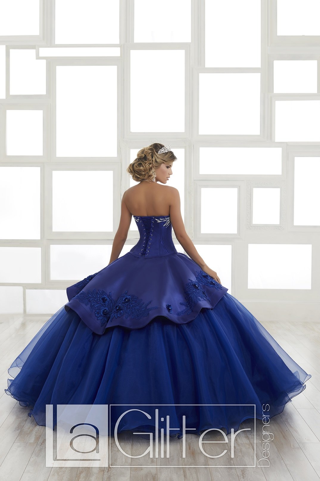 LA Glitter - 24028 Plunging Embroidered Peplum Drape Ballgown In Blue