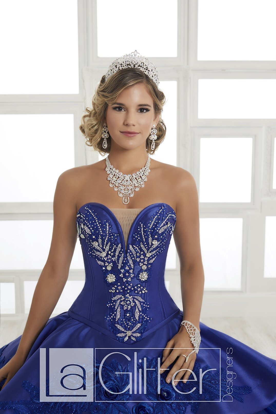 LA Glitter - 24028 Plunging Embroidered Peplum Drape Ballgown In Blue