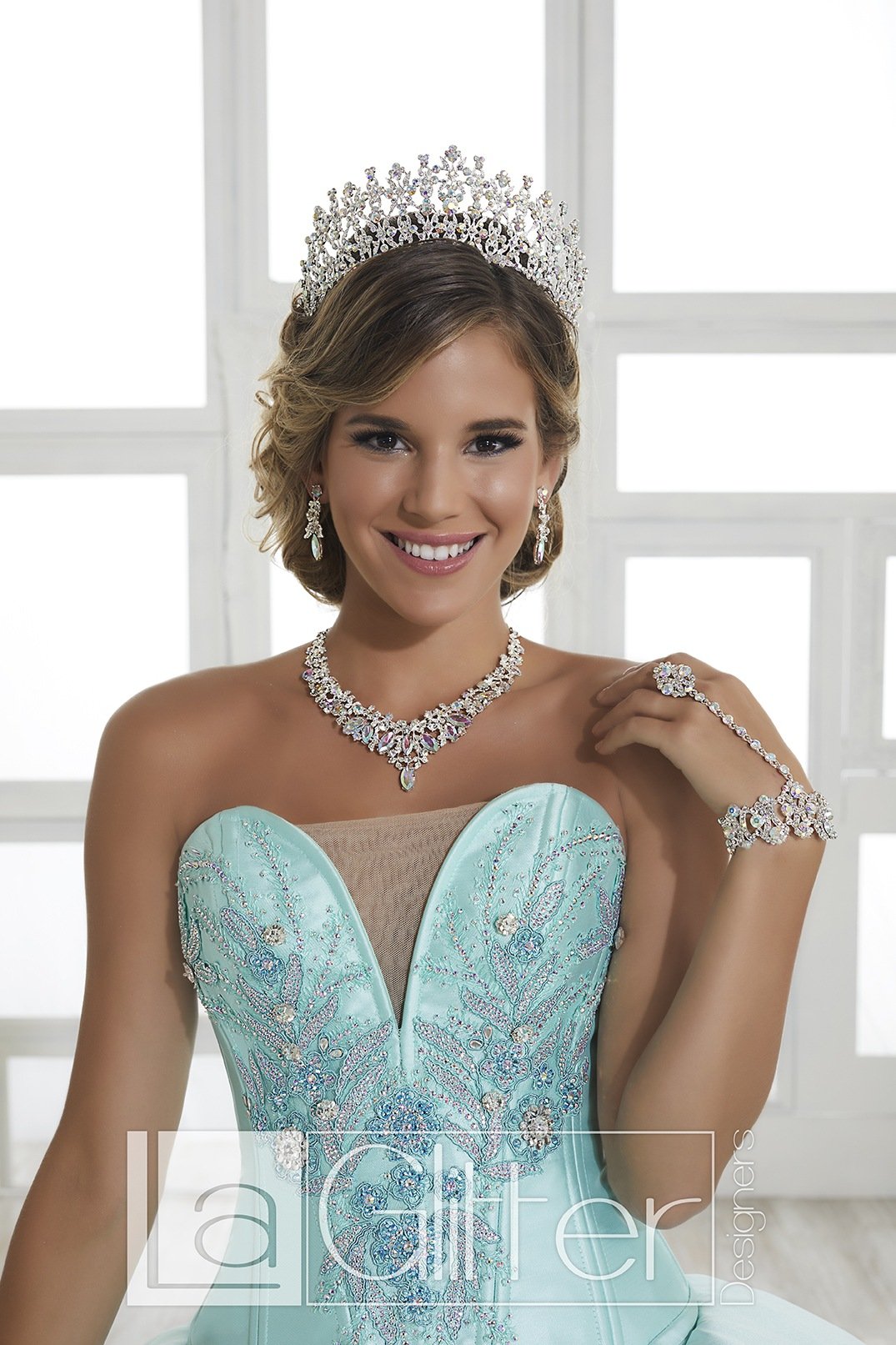 LA Glitter - 24028 Plunging Embroidered Peplum Drape Ballgown In Blue and Green