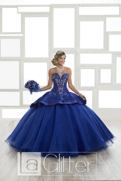 LA Glitter - 24028 Plunging Embroidered Peplum Drape Ballgown In Blue