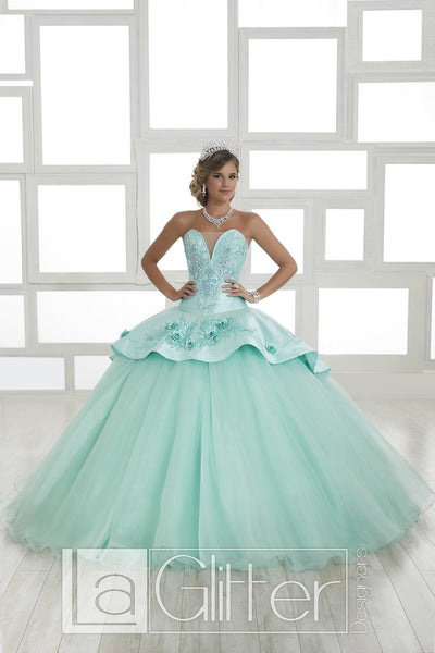 LA Glitter - 24028 Plunging Embroidered Peplum Drape Ballgown In Blue and Green