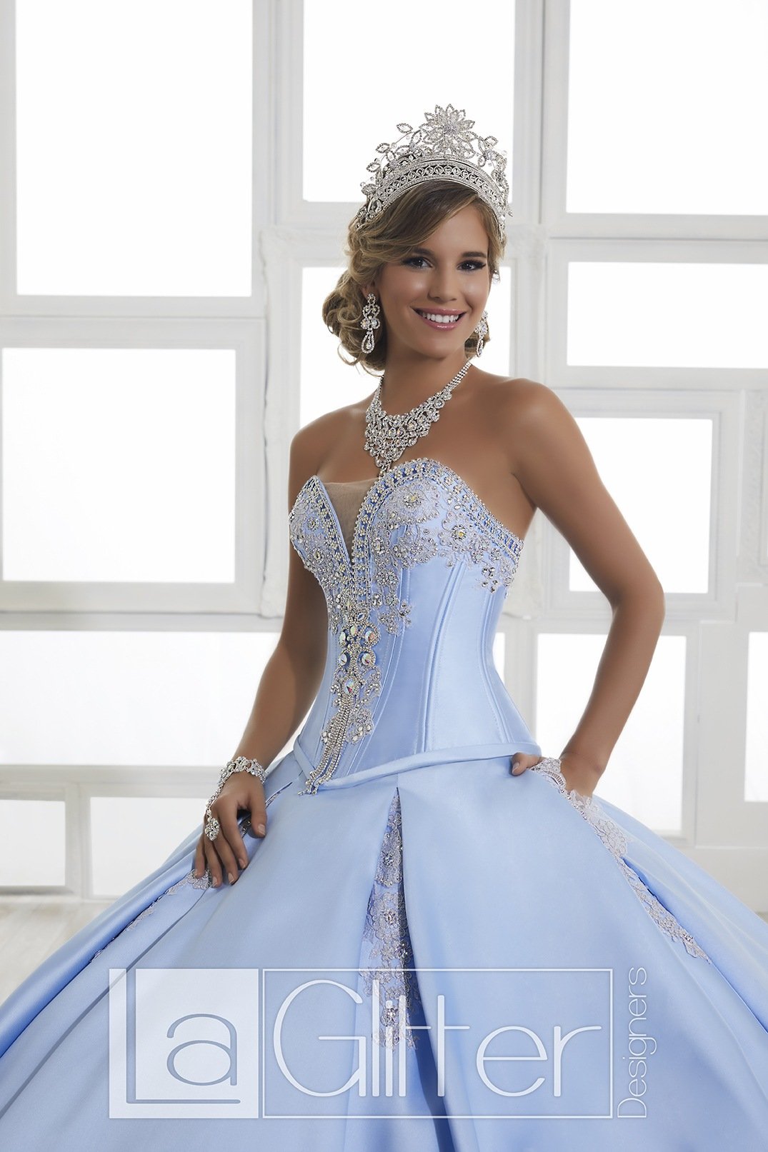 LA Glitter - 24029 Bejeweled Plunging Corset Bodice Ballgown In Blue