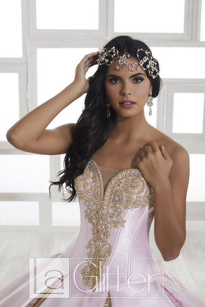 LA Glitter - 24029 Bejeweled Plunging Corset Bodice Ballgown In Pink