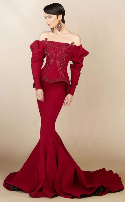 MNM Couture - 2408 Ruffled Long Sleeve Mermaid Gown in Red