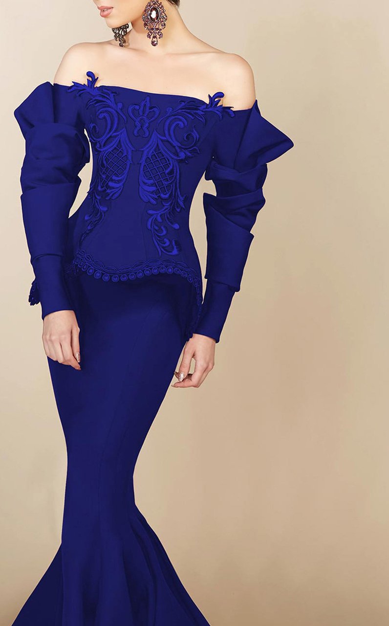 MNM Couture - 2408 Ruffled Long Sleeve Mermaid Gown in Blue