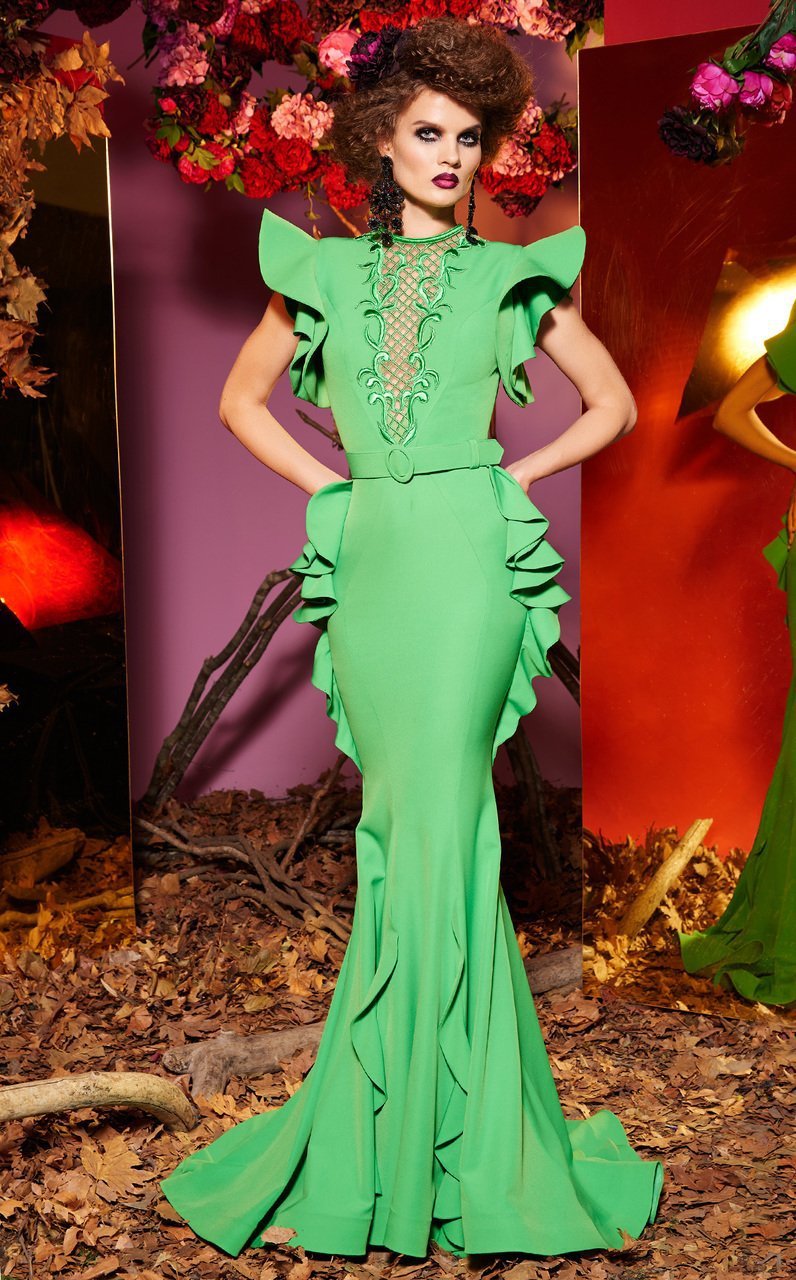 MNM Couture - 2432 Embroidered Lattice Illusion Cascade Mermaid Gown In Green
