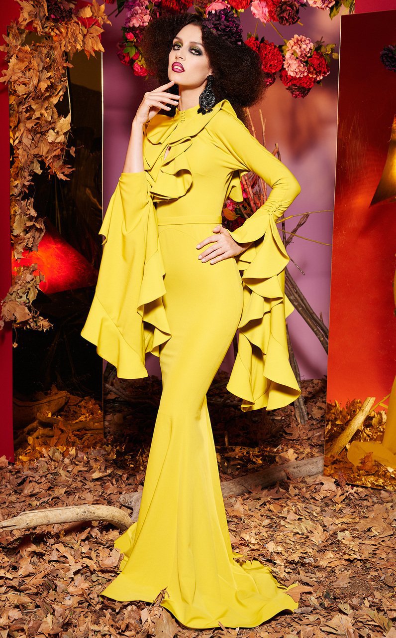 MNM Couture - 2434 Long Sleeve Ruffled Bib Cutout Mermaid Gown In Yellow
