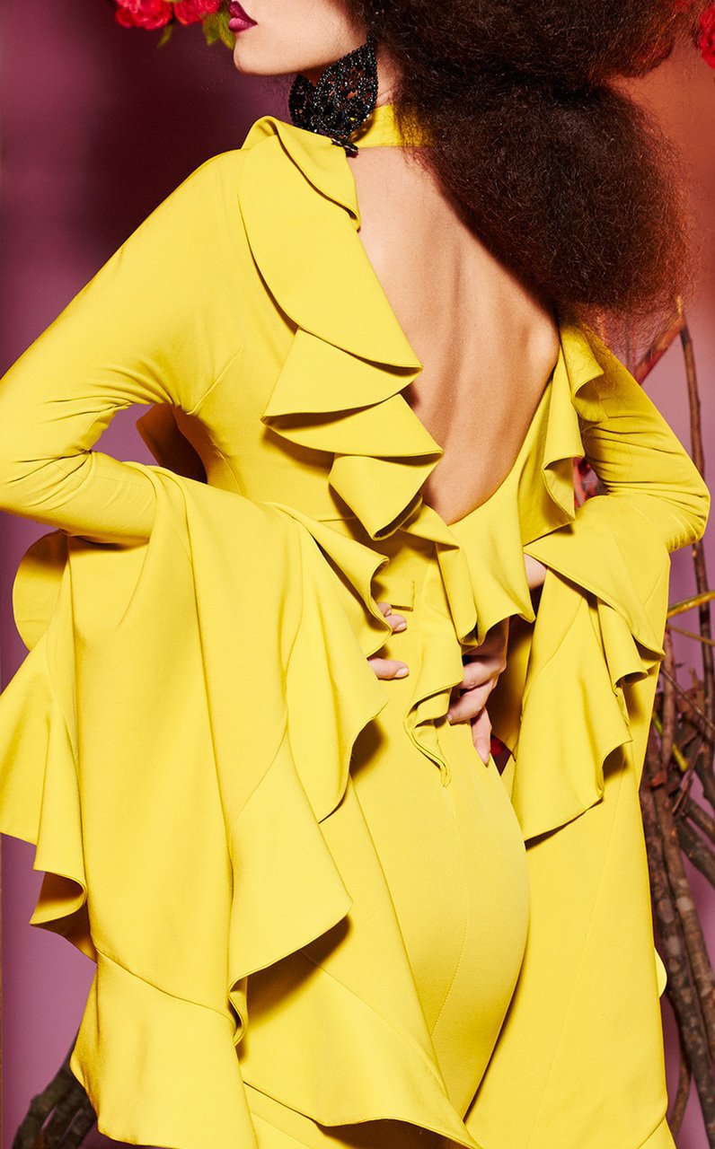MNM Couture - 2434 Long Sleeve Ruffled Bib Cutout Mermaid Gown In Yellow